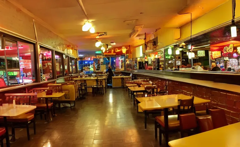 Image similar to a picture of the inside of a late night diner, in the middle of the night in the big city