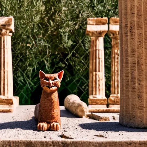 Prompt: a cinematic film still of a claymation stop motion film starring cute caracal, big wooden barrel, ancient greek city, marble temple columns, olive trees, shallow depth of field, 8 0 mm, f 1. 8