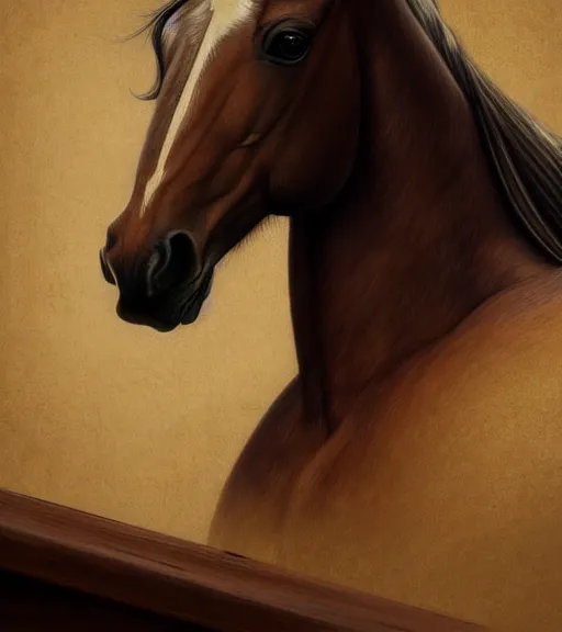 Image similar to portrait of a horse sitting upon a table with heightened detail, poised, intense emotion, detailed facial expression, detailed surroundings, intricate, elegant, highly detailed, centered, digital painting, artstation, concept art, smooth, sharp focus, illustration, by ( leonardo da vinci ), wlop