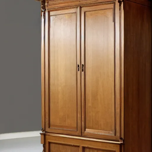 Prompt: two large armoire with slightly crooked doors in a room with an xbox