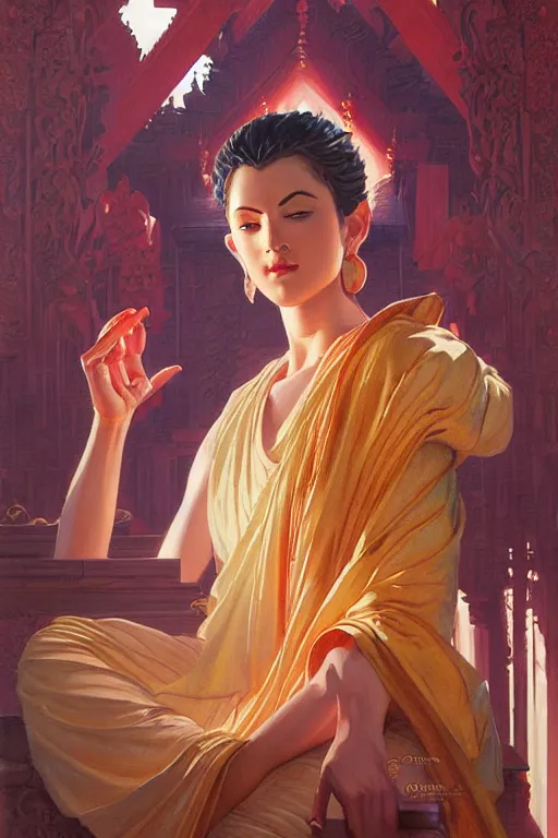 Image similar to temple, buddhism, impressionnisme, painting by greg rutkowski, j. c. leyendecker, artgerm