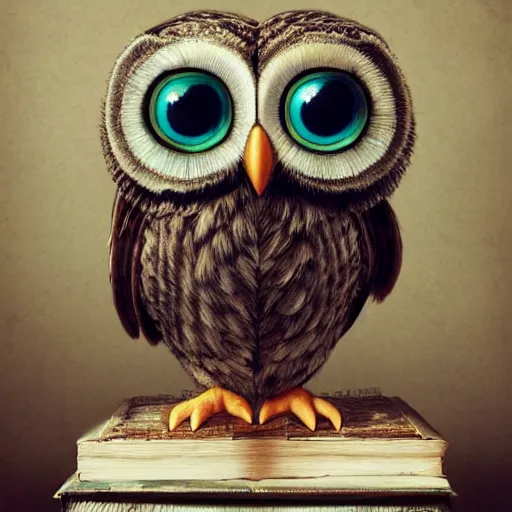 Image similar to long shot of a very cute plushy owl sitting on a pile of antique books, big eyes, eyelids half closed, by esao andrews, humorous illustration, hyperrealistic, big depth of field, fresh colors, dim light, 3 d octane render conceptart, 4 k, hyperdetailed, trending on artstation