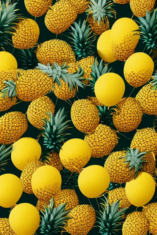 Prompt: a sea of pineapples with balloons above, smooth, trending on artstation, high quality, beautiful