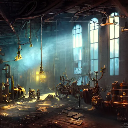 Image similar to a busy underground steampunk workshop, light shafts coming through windows, volumetric lightning, concept art, steampunk, fantasy, mechanical