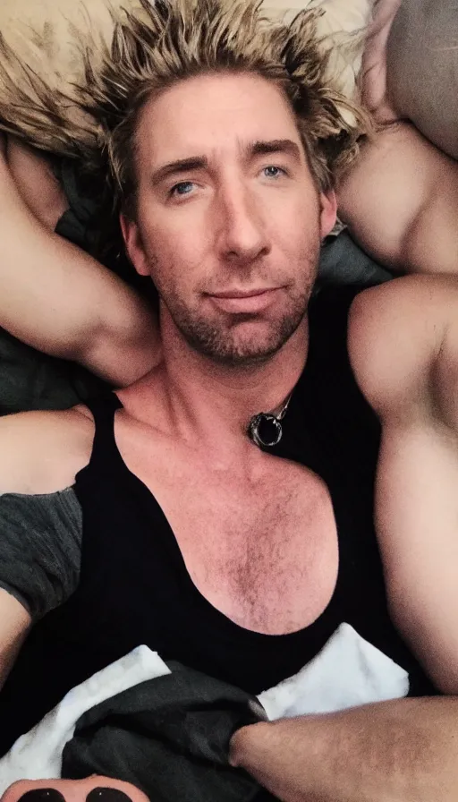 Image similar to chad kroeger snapchat selfie laying in bed with a black tanktop