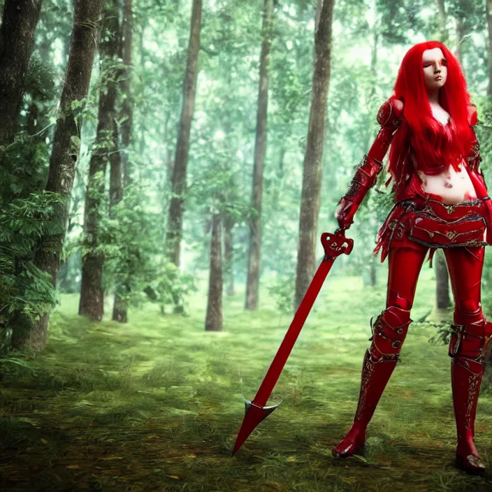 Image similar to a girl with long red hair wearing a red plate armor and hding a big red sword in a forest, 3d render, octane render, unreal engine 5, 8k hdr, hyperrealistic, highly detailed, high quality, concept art, trending on Artstation