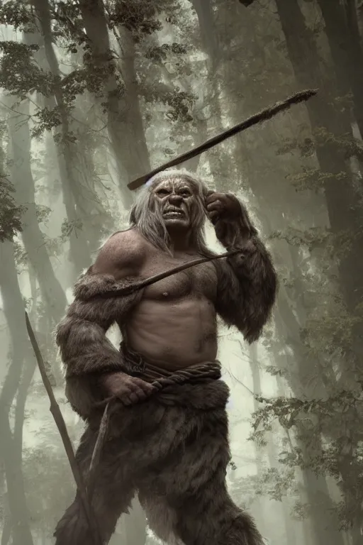 Image similar to a male orc druid, wearing a grey fur robe, holding a wooden staff in his right hand, Matte painting , detailed painting, greg rutkowski