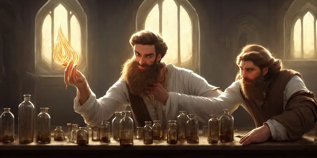 Image similar to a handsome bearded white male sorcerer with brown hair he is casting a spell from his hands, he is in a alchemist workshop filled with beakers and equipment, neutral pose, sharp focus, waist up, 4 k, by greg rutkowski, rudy siswanto and anna podedworna