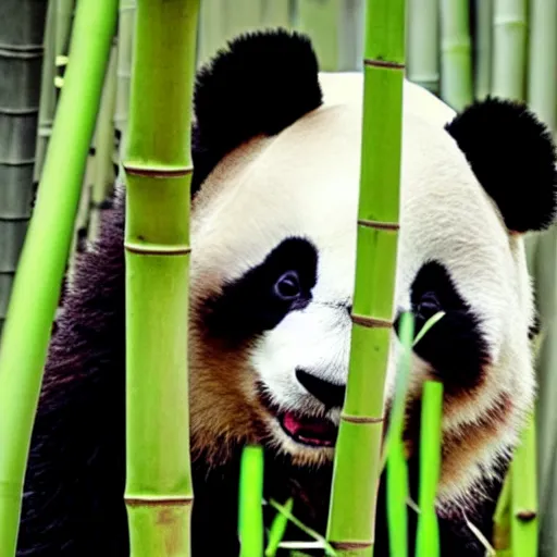 Image similar to a cute panda playing wooden flute in a bamboo forest