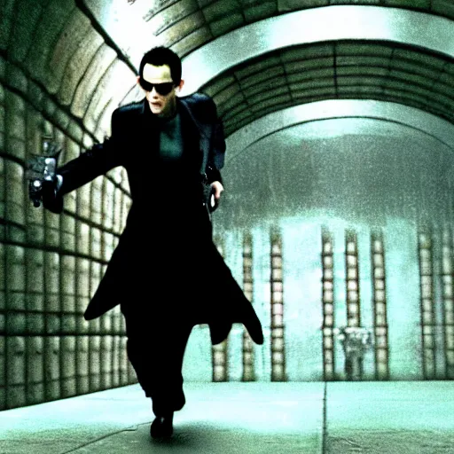 Prompt: picture of andrew tate as neo on the set of the matrix ( 1 9 9 9 )