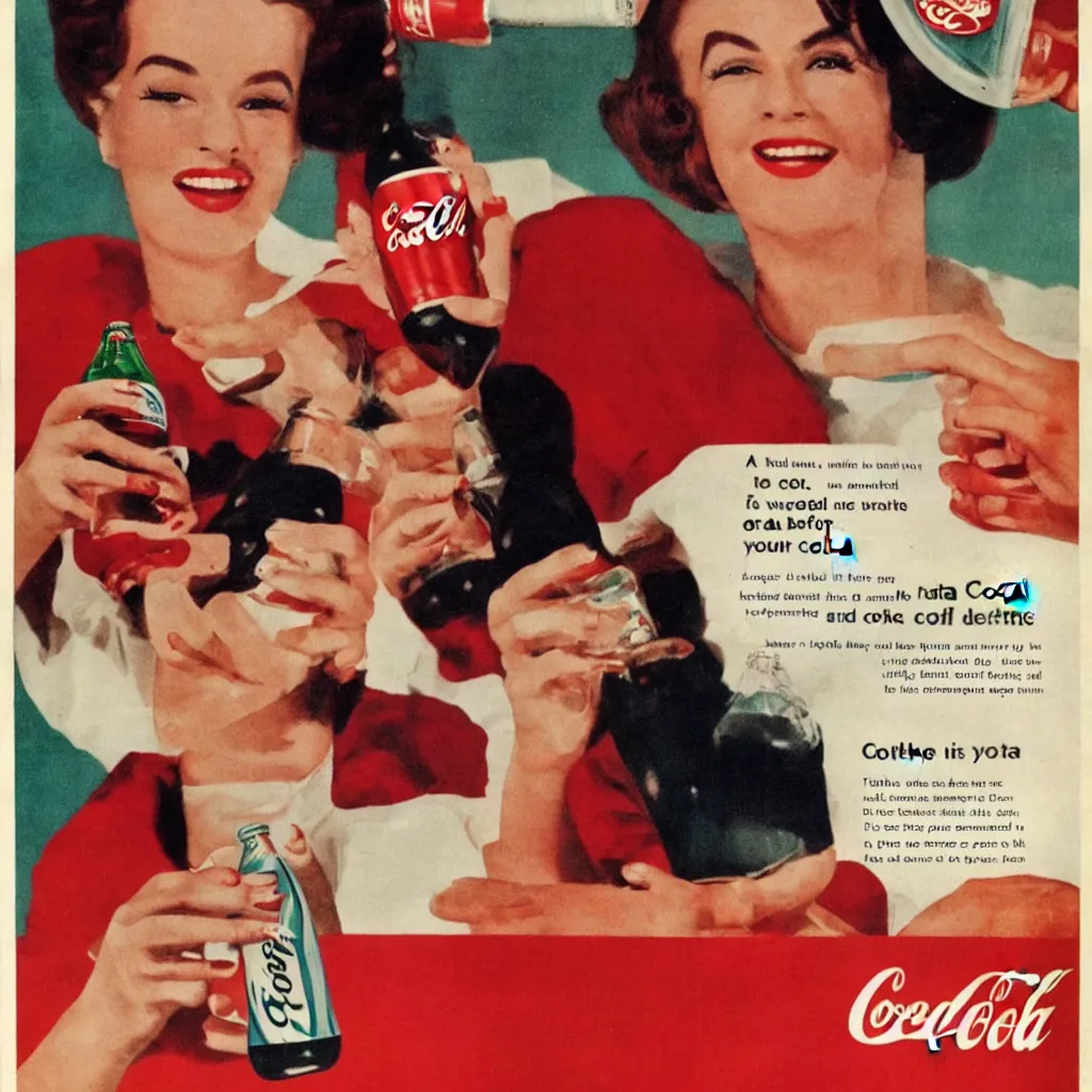 Image similar to a woman drinking a bottle of coke, coka-cola advertisement, retro ad, print advertising, 1960's