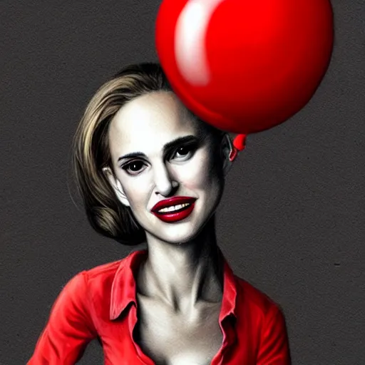 Image similar to surrealism grunge cartoon portrait sketch of natalie portman with a wide smile and a red balloon by - michael karcz, loony toons style, horror theme, detailed, elegant, intricate