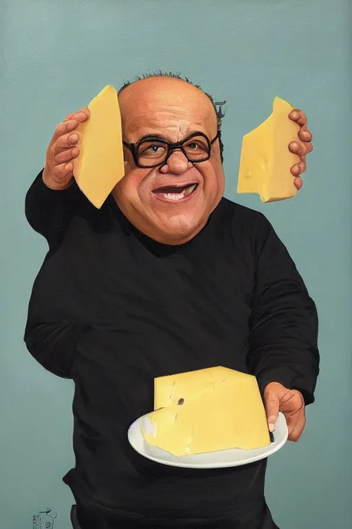 Prompt: oil portrait of angry danny devito eating an entire wheel of cheese, reddit moderator, epic, cinematic, elegant, highly detailed, featured on artstation