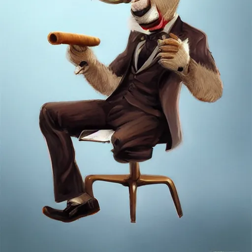 Image similar to award winning character art commission of an anthro furry humanoid goat smoking a cigar, three piece suit, character concept design, painting, detailed, vivid, trending on artstation, art by greg rutkowski