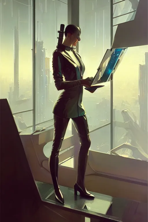 Prompt: futuristic office, cyberpunk, painting by greg rutkowski, j. c. leyendecker, artgerm