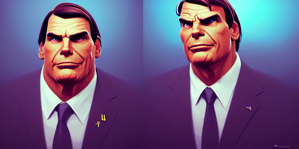 Image similar to low angle portrait of the president Bolsonaro, tepainting concept Blizzard pixar maya engine on stylized background splash comics global illumination lighting artstation lois van baarle, ilya kuvshinov, rossdraws