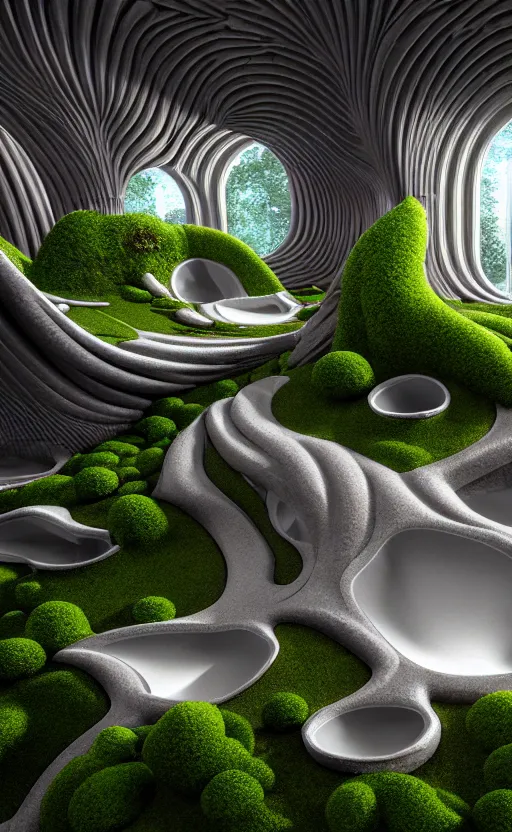 Image similar to highly detailed ultra sharp 3 d render villa interior cinematic composition of a smooth ceramic porcelain biomorphic magnolia stone nebula fluid fractal sci - fi surreal architecture landscape, granite, metallic, magnesium, marble, moss and lichen, vincent callebaut composition, mamou - mani, archviz, beautiful lighting, 8 k, unreal engine, hdr,