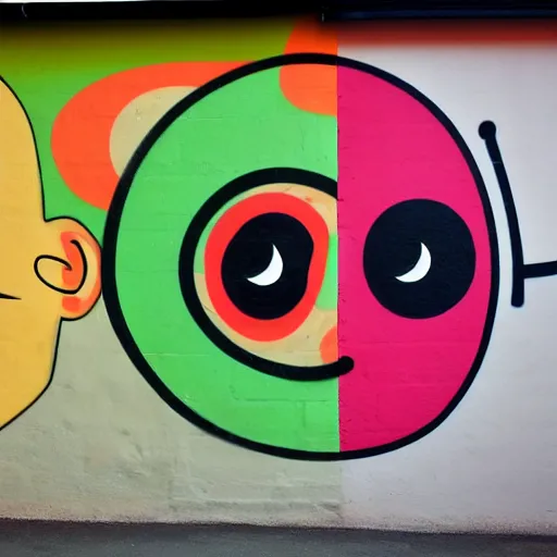 Image similar to wall with graffiti of man with one eye made with colored circles and lines, by Julien Durix