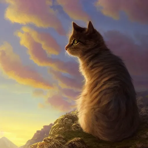 Prompt: epic portrait an lonely fluffy cat sitting alone on a mountain during sunset, back profile, digital painting, artstation, concept art, soft light, hdri, smooth, sharp focus, illustration, fantasy, intricate, elegant, highly detailed, D&D, matte painting, in the style of Greg Rutkowski and Alphonse Mucha and artemisia, 8k, highly detailed, jurgens, rutkowski, bouguereau, pastoral, rustic, georgic, detailed concept art, illustration, colorful pastel, painting, detail, ultra detailed, digital art, 4K,