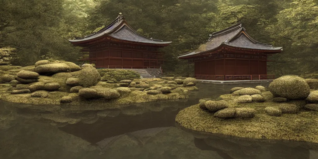 Image similar to a ancient japanese temple in the middle of a forest mear a small river, extremely highly detailed, high quality, 8K HDR, octane render, unreal engine 5, hyperrealistic, concept art, trending on Artstation, dramatic lighting, cinematic, high coherence, path tracing, ruins, clouds in the sky, singular building, centered