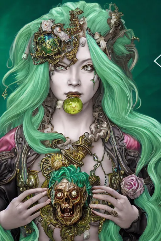 Image similar to rococo upper body portrait sigil with the intent of conquering the world lovecraftian undead zombie queen, green hair, bytian zi and wlop and alphonse mucha ornaments and gems hdr 8 k 3 d dslr hdr trending on artstation rendered with cryengine