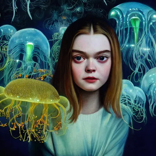 Prompt: ultra realistic portrait painting of elle fanning in prey surrounded by bioluminescent jellyfish, art by frank frazetta, 4 k, ultra realistic, highly detailed, epic lighting