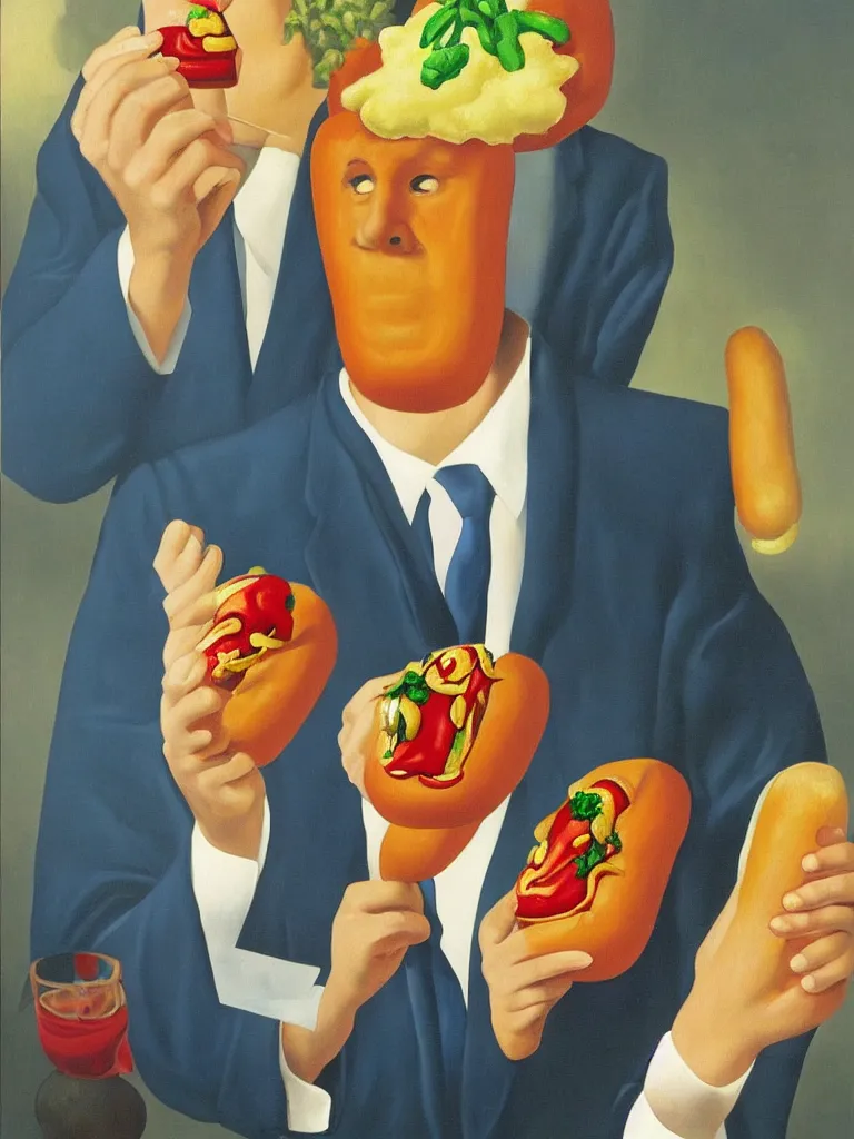 Prompt: Rene Magritte's Son Of Man painting with a hotdog blocking the face, but the man is a large hotdog in a suit and the hotdog has a man's face on it