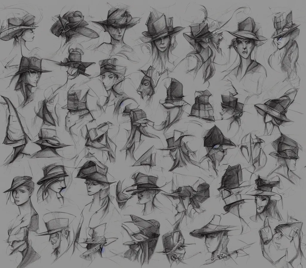 Prompt: many sketches of different types of hats, on a notebook page, pencil, by Peter Mohrbacher technical drawing