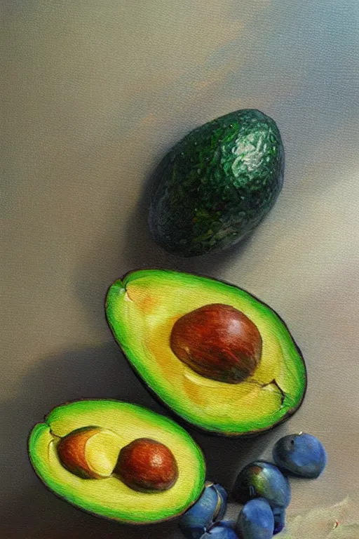 Prompt: A beautiful still life oil painting of Avocados lying on a silk cloth, fog, volumetric lighting, summer, hyperrealistic, colorful, hyperdetailed.