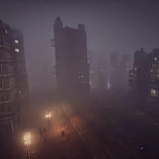 Image similar to a city hewn from meat and bones, night time, foggy, eerie lighting, 4k, unreal engine, artstation, photorealistic