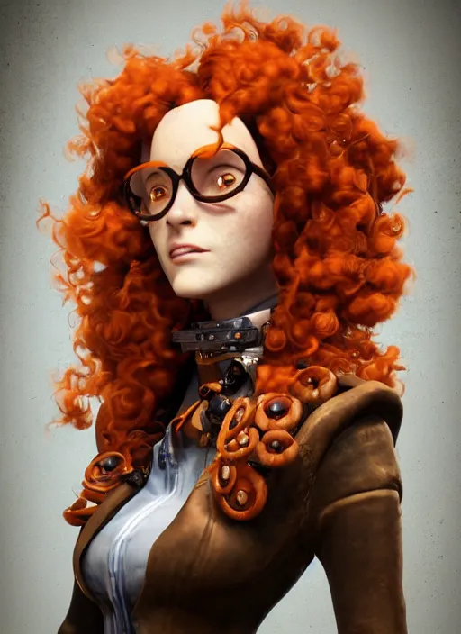 Prompt: steampunk portrait of curly orange hair mad scientist from far cry 6, au naturel, hyper detailed, digital art, trending in artstation, cinematic lighting, studio quality, smooth render, unreal engine 5 rendered, octane rendered, art style by pixar dreamworks warner bros disney riot games and overwatch.