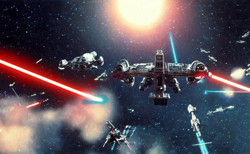 Image similar to iconic cinematic screen shot of scene x wing space battle against new tie fighter desing, from the action packed scene from the 1 9 7 0 s star wars sci fi film by stanley kubrick, glowing lasers, kodak film stock, anamorphic lenses 2 4 mm, lens flare, iconic cinematography, award winning