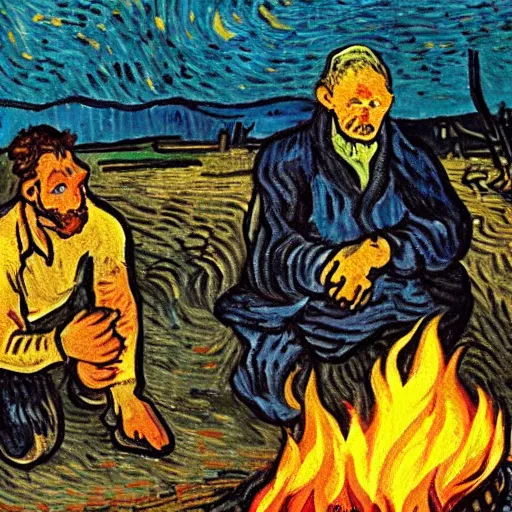 Image similar to painting of a man in hell making smores, fire, hot, bag of marshmallows, by van gogh.