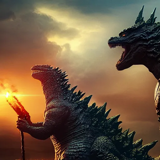 Image similar to godzilla, majestic, breathtaking, lightining in background, ultrafine hyperrealistic detailed illustration by kim jung gi, irakli nadar, intricate linework, sharp focus, bright colors, matte, film still from godzilla king of monsters, final fantasy, unreal engine highly rendered, 8 k, global illumination, radiant light, intricate environment