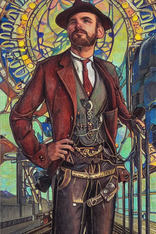 Prompt: a dramatic ethereal epic symmetrical painting of a handsome villainous cowboy standing in front of railroad tracks with a train locomotive | his shirt is unbuttoned and he has a pocketwatch | tarot card, art deco, art nouveau, ( steampunk ), homoerotic, realistic, mosaic | by louis comfort tiffany | artstation