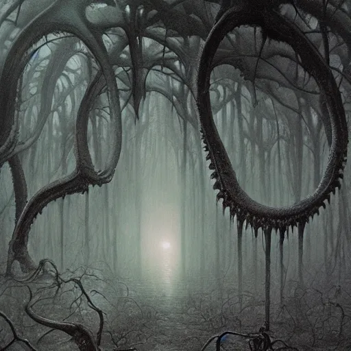 Prompt: concept art of a eldritch horror, fantasy, forest, heavy fog, wayne barlowe and zdzislaw beksinski