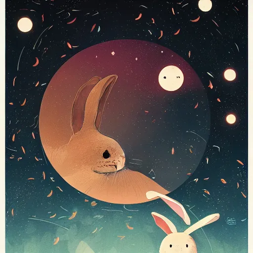 Image similar to A rabbit full of hope, looking for a black hole in an infinite time loop by Victo Ngai and Ghibli andlisk feng and atey ghailan