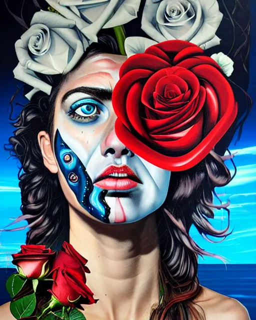 Image similar to split faced person holding pistol and roses in a deep sea with intricate details by Sandra Chevrier with half image