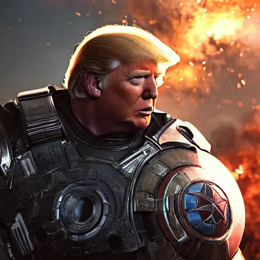 Image similar to Portrait of Donald Trump as ((captain america)) in Gears of War, patriotic, splash art, movie still, cinematic lighting, dramatic, octane render, long lens, shallow depth of field, bokeh, anamorphic lens flare, 8k, hyper detailed, 35mm film grain