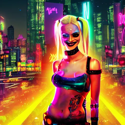 Prompt: harley quinn standing, smiling, cyberpunk setting, beautiful cityscape background, neon signs, vibrant colors, holograms, 4k, digital art