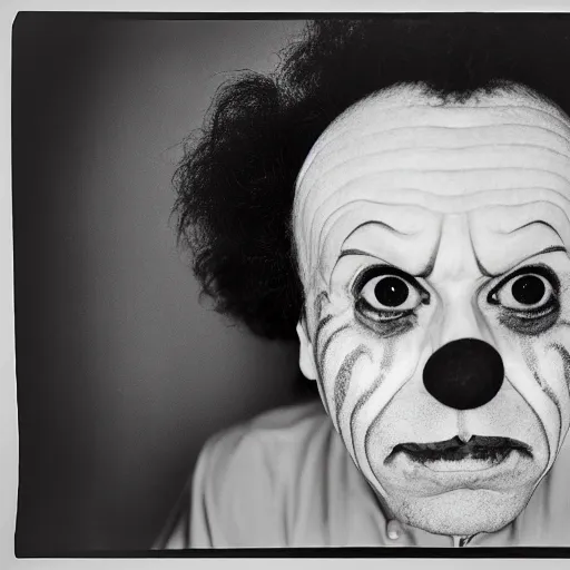 Image similar to portrait of a clown by Diane Arbus, 50mm, black and white