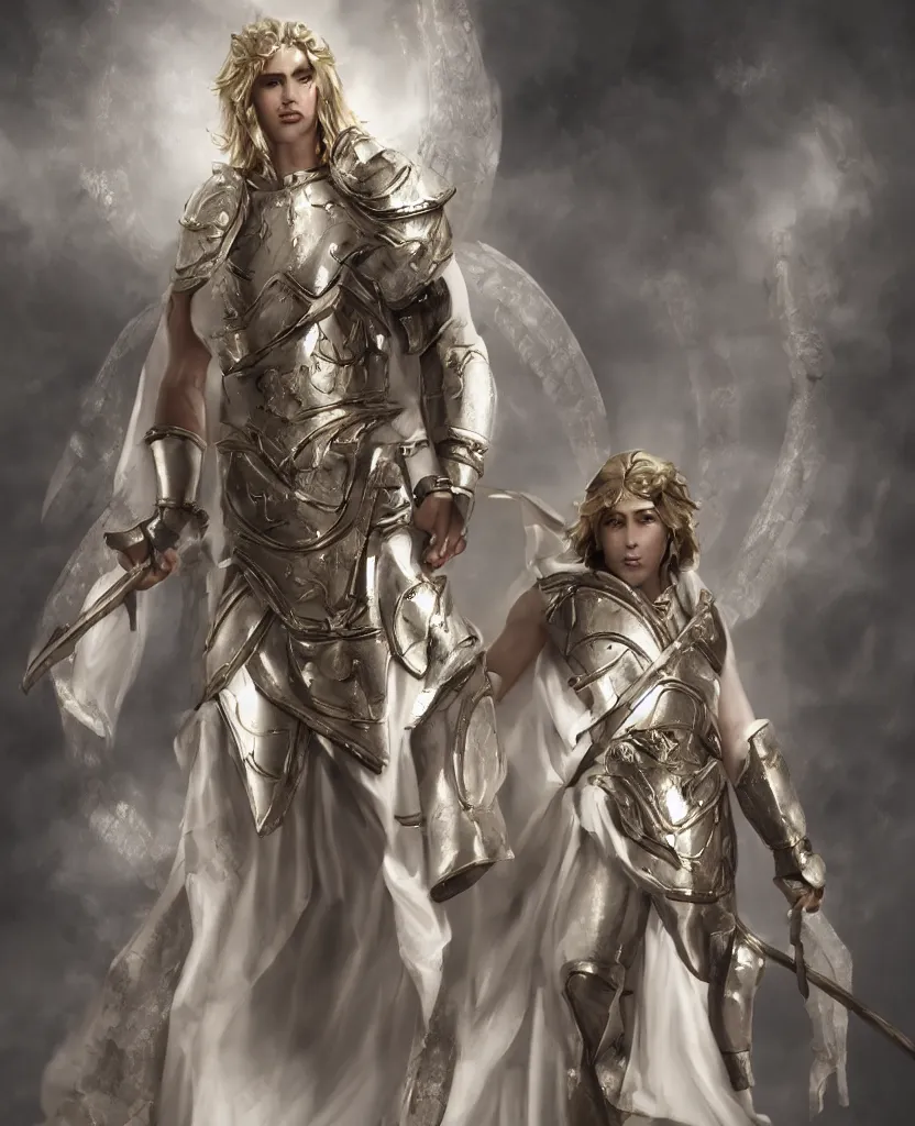 Image similar to male divine androgynous gorgeous, with a white gold high angelic armor, dark epic, roman toga, cinematic lighting, heaven background, concept art, highly detailed, photorealistic, 4 k