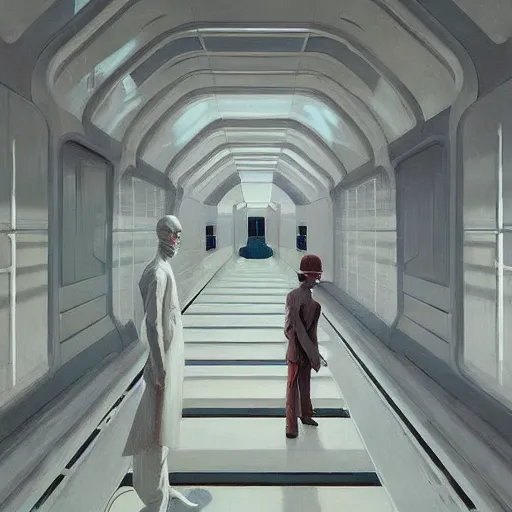 Image similar to A white futuristic modern corridor, very coherent, painted by Edward Hopper, Wayne Barlowe, painted by James Gilleard, airbrush, art by JamesJean