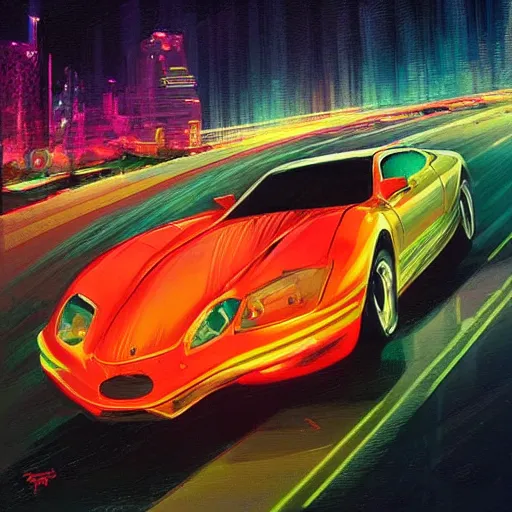 Prompt: a beautiful artwork of a car on a highway at night, neon vibes, by Jerome Opeña, featured on artstation