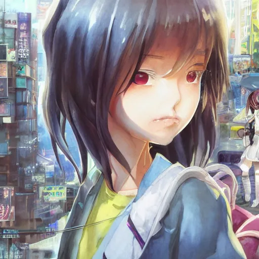 Image similar to dynamic composition, motion, ultra-detailed, incredibly detailed, a lot of details, amazing fine details and brush strokes, colorful and grayish palette, smooth, HD semirealistic anime CG concept art digital painting, watercolor oil painting of Clean and detailed post-cyberpunk sci-fi close-up schoolgirl in asian city in style of cytus and deemo, blue flame, relaxing, calm and mysterious vibes,, by a Chinese artist at ArtStation, by Huang Guangjian, Fenghua Zhong, Ruan Jia, Xin Jin and Wei Chang. Realistic artwork of a Chinese videogame, gradients, gentle an harmonic grayish colors. set in half-life 2, Matrix, GITS, Blade Runner, Neotokyo Source, Syndicate(2012), dynamic composition, beautiful with eerie vibes, very inspirational, very stylish, with gradients, surrealistic, dystopia, postapocalyptic vibes, depth of field, mist, rich cinematic atmosphere, perfect digital art, mystical journey in strange world