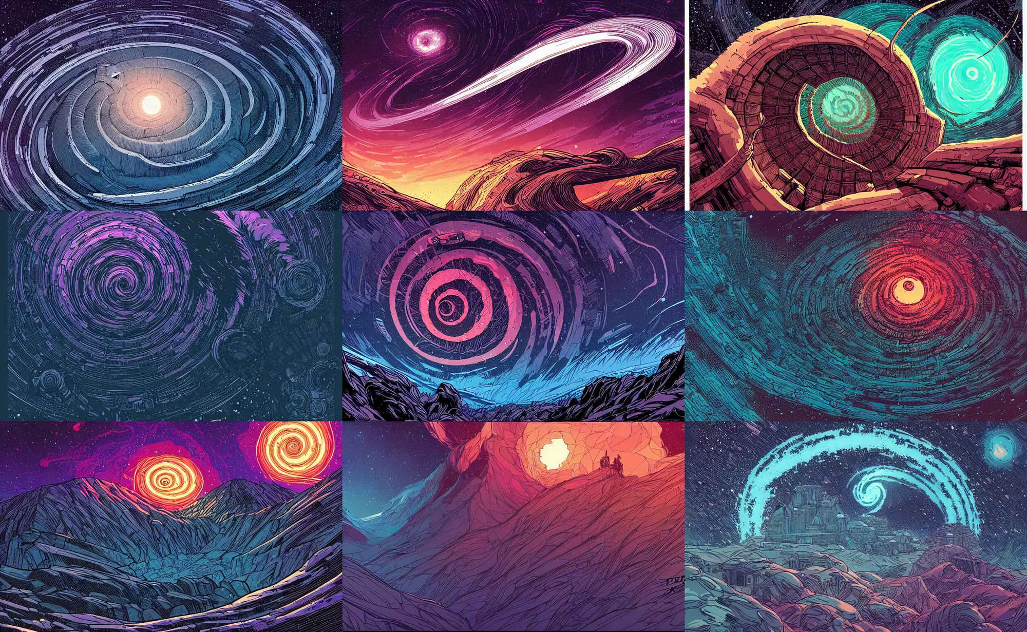 Prompt: concept art of an epic spiral galaxy in style of dan mumford, in style of laurie greasley, in style of james gilleard, very detailed, clean lines, atmospheric, masterpiece