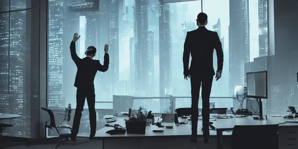 Prompt: dramatic photo of a young man waving goodbye to a sorrowful large group of his coworkers in office, cyberpunk