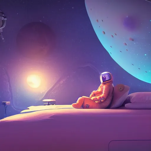 Image similar to astronaut sleeping in bed on moon, bioluminescence, vegetation, colorful, rim light, highly detailed, tilt shift, digital painting, concept art, smooth, sharp focus, pleasing aesthetics, 3 d render, octane render, disney pixar, 4 k