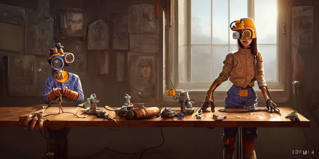 Prompt: highly detailed portrait painting of welder girl perfect symmetrical face, room mono window, table mess, by eddie mendoza and tyler edlin, 8 k resolution