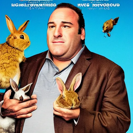 Image similar to movie poster of a comedy movie starring james gandolfini and a bunch of rabbits, high - detail,